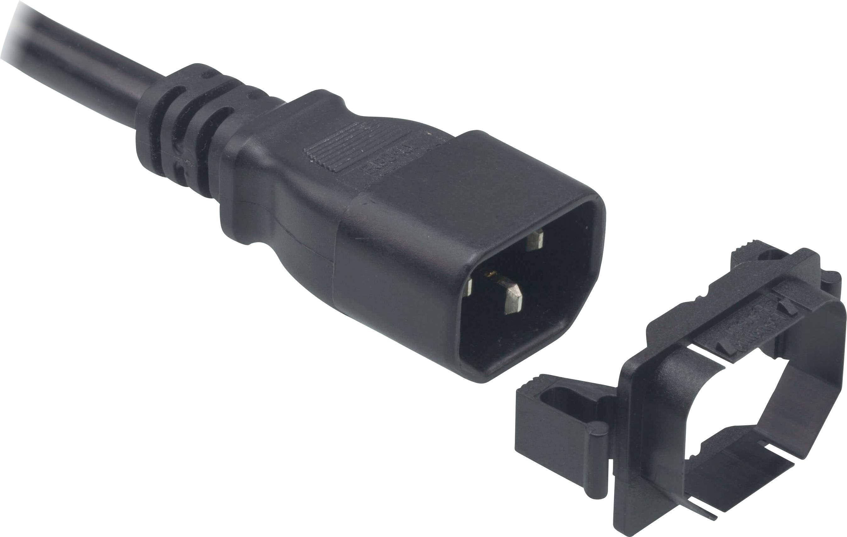 Ein schwarzer Netzstecker mit einem rechteckigen Anschluss neben einer Kunststoff-Halterung, die entwickelt wurde, um den Stecker zu fixieren.