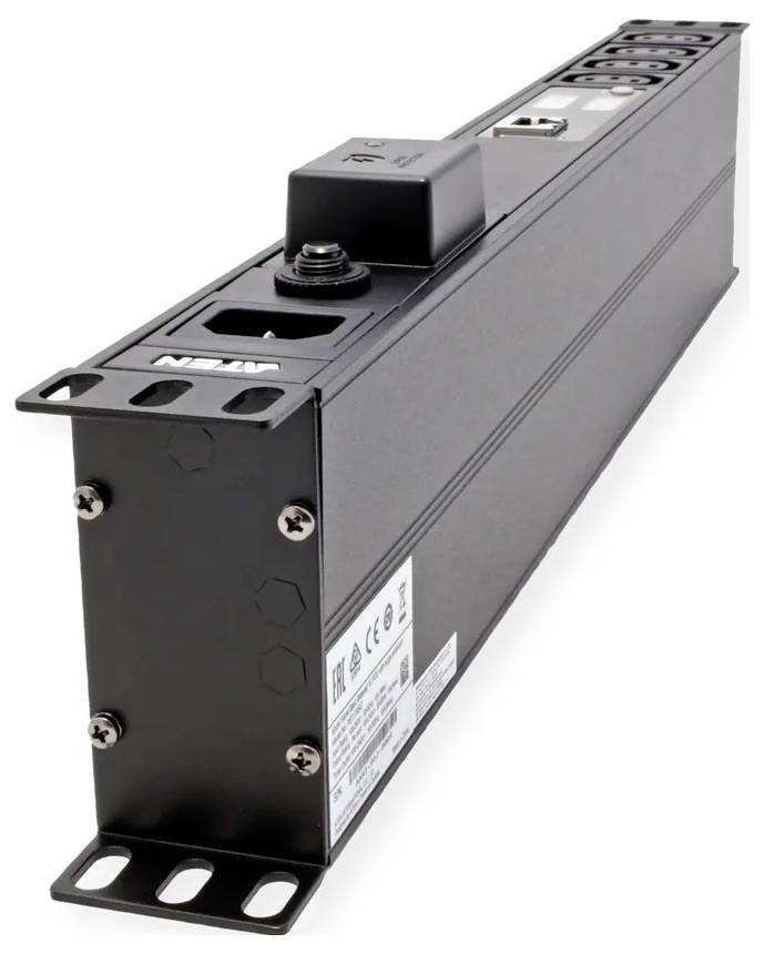 Industrielle Steckdosenleiste mit mehreren Anschlüssen, Metallgehäuse und Montagehalterungen für sichere Installation in Maschinen oder Serverracks.