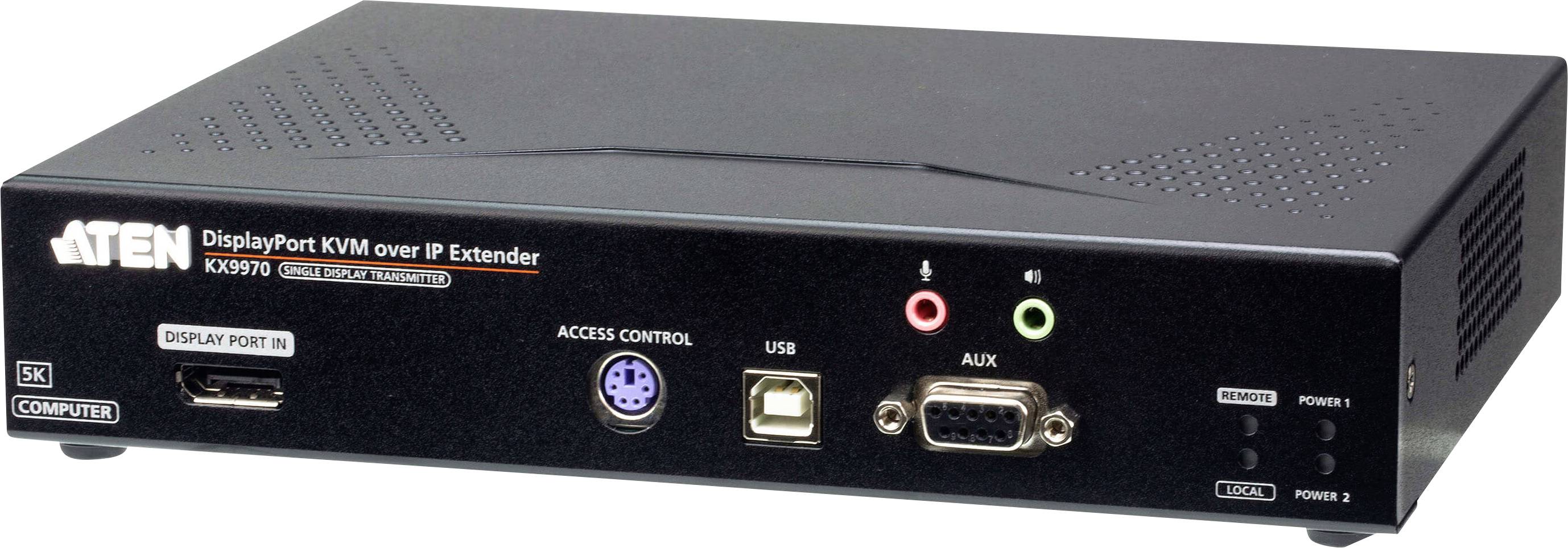 Ein schwarzes elektronisches Gerät mit der Beschriftung "DisplayPort KVM über IP Extender" mit verschiedenen Anschlüssen, darunter USB-, Audio- und Videoverbindungen.