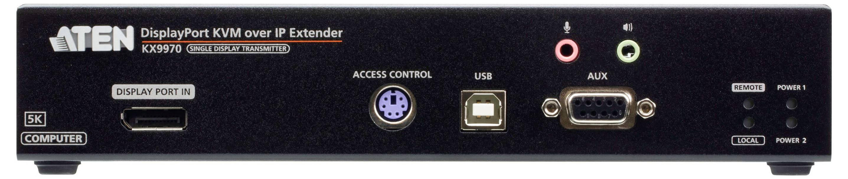 'ATEN DisplayPort KVM over IP Extender' Frontansicht zeigt Anschlüsse für DisplayPort, Zugangskontrolle, USB, AUX und andere Konnektivitäten.