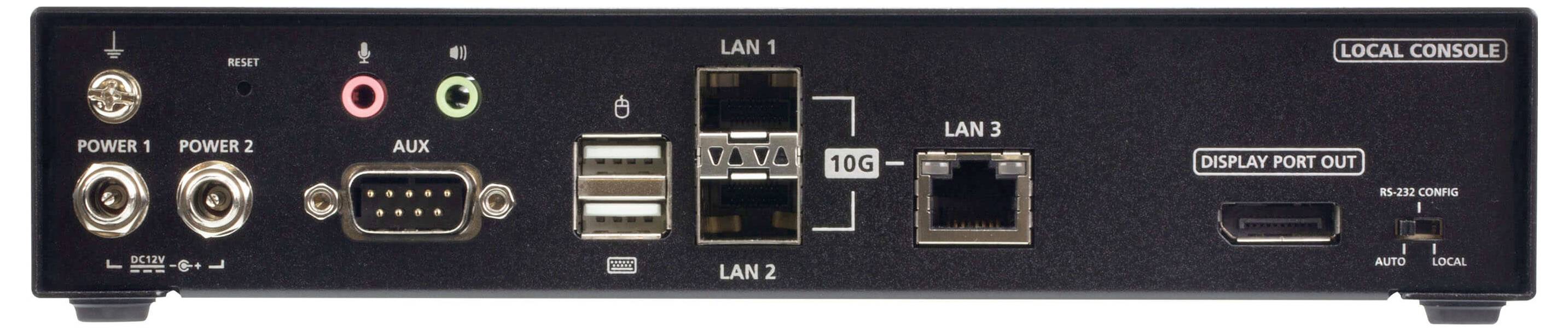 Rückseite eines Netzwerkgeräts mit Stromsteckern, USB-Anschlüssen, LAN-Ports, einem Konsolenanschluss und einem HDMI-Displayport.