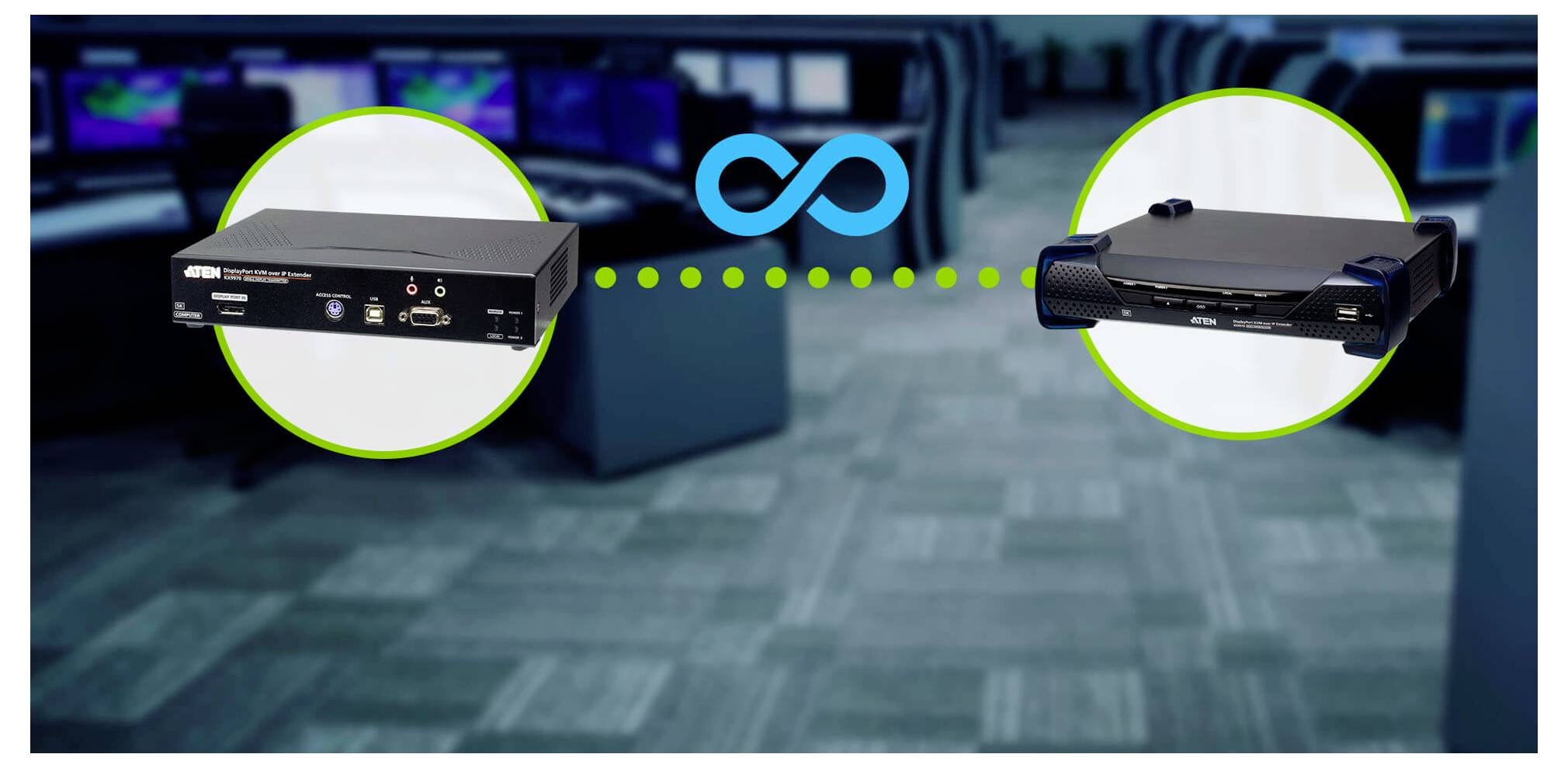 ATEN-Hardwaregeräte, die durch eine gestrichelte Linie als Verbindung dargestellt werden, in einem Büro mit mehreren Computerarbeitsplätzen im Hintergrund.