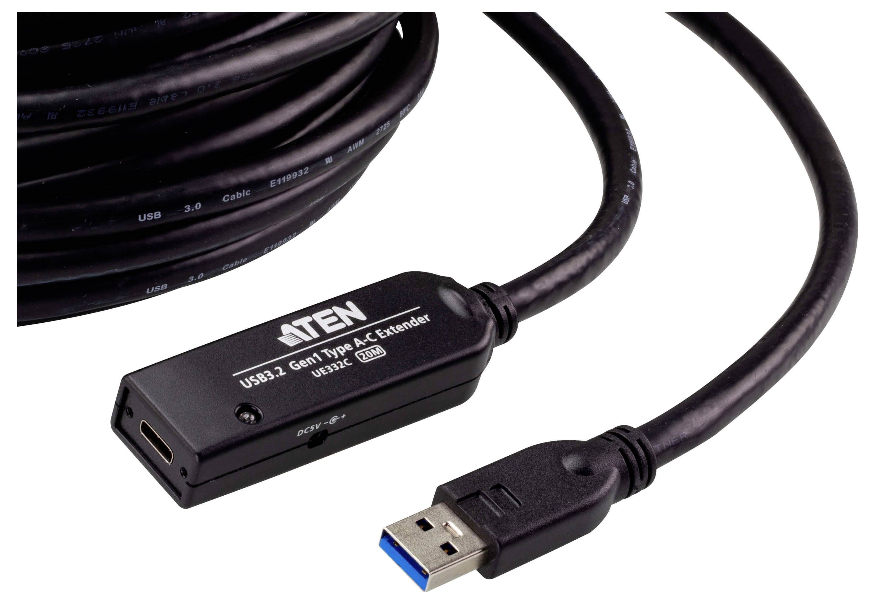 Ein USB 3.2 Gen1 Typ A aktives Verlängerungskabel mit einem schwarzen, rechteckigen Inline-Booster mit Markierung, entwickelt für erweiterte Konnektivität.