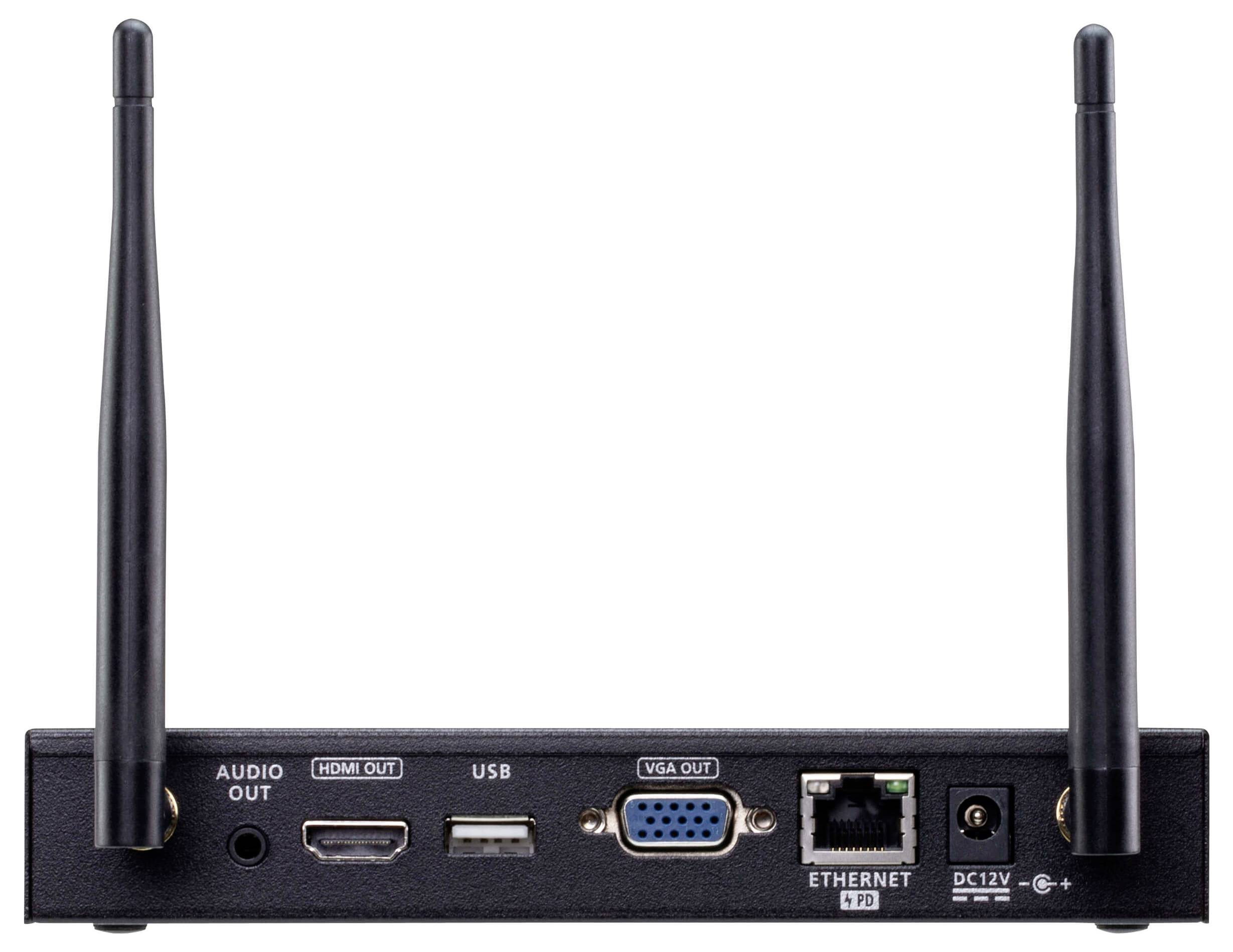 Ein schwarzes elektronisches Gerät mit zwei Antennen, das auf der Rückseite Anschlüsse für Audio, HDMI, USB, VGA, Ethernet und DC12V Stromeingang aufweist.