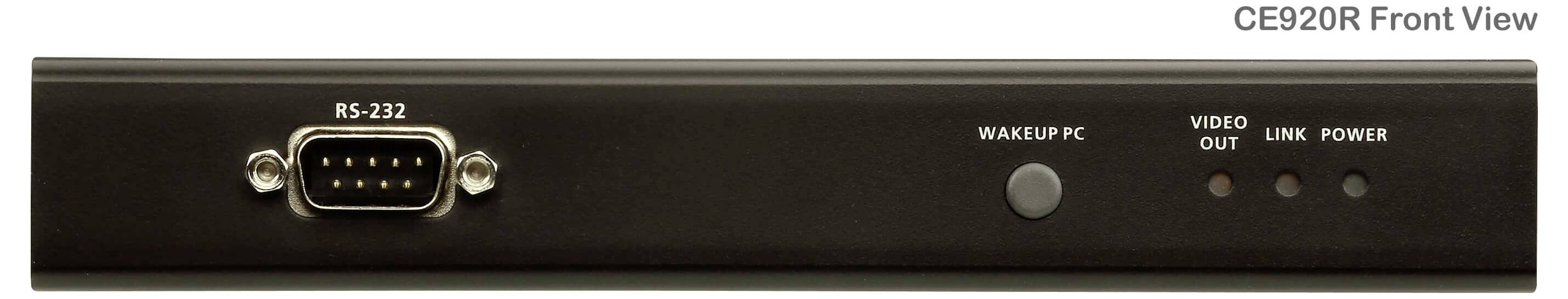 CE920R Frontansicht mit RS-232-Anschluss, PC-Wecktaste, Videoausgang und Statusanzeigen für Verbindung und Stromversorgung.