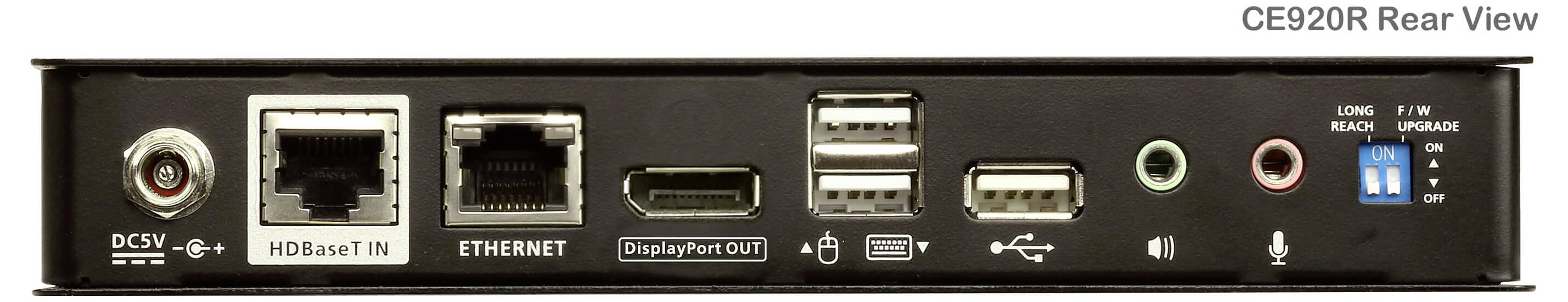 CE920R Rückansicht mit verschiedenen Anschlüssen: DC 5V, HDBaseT-Eingang, Ethernet, HDMI-Ausgang, vier USB-Anschlüssen, Audioeingängen und Schaltern.