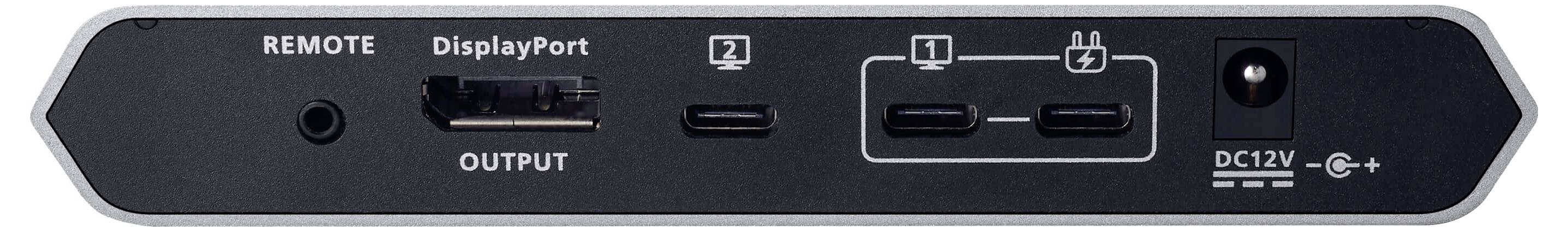 Das Bild zeigt die Rückseite eines elektronischen Geräts mit einem DisplayPort, zwei nicht identifizierten Anschlüssen, einem mit ‚DC12V' gekennzeichneten Stromeingang und einem ‚REMOTE'-Anschluss.