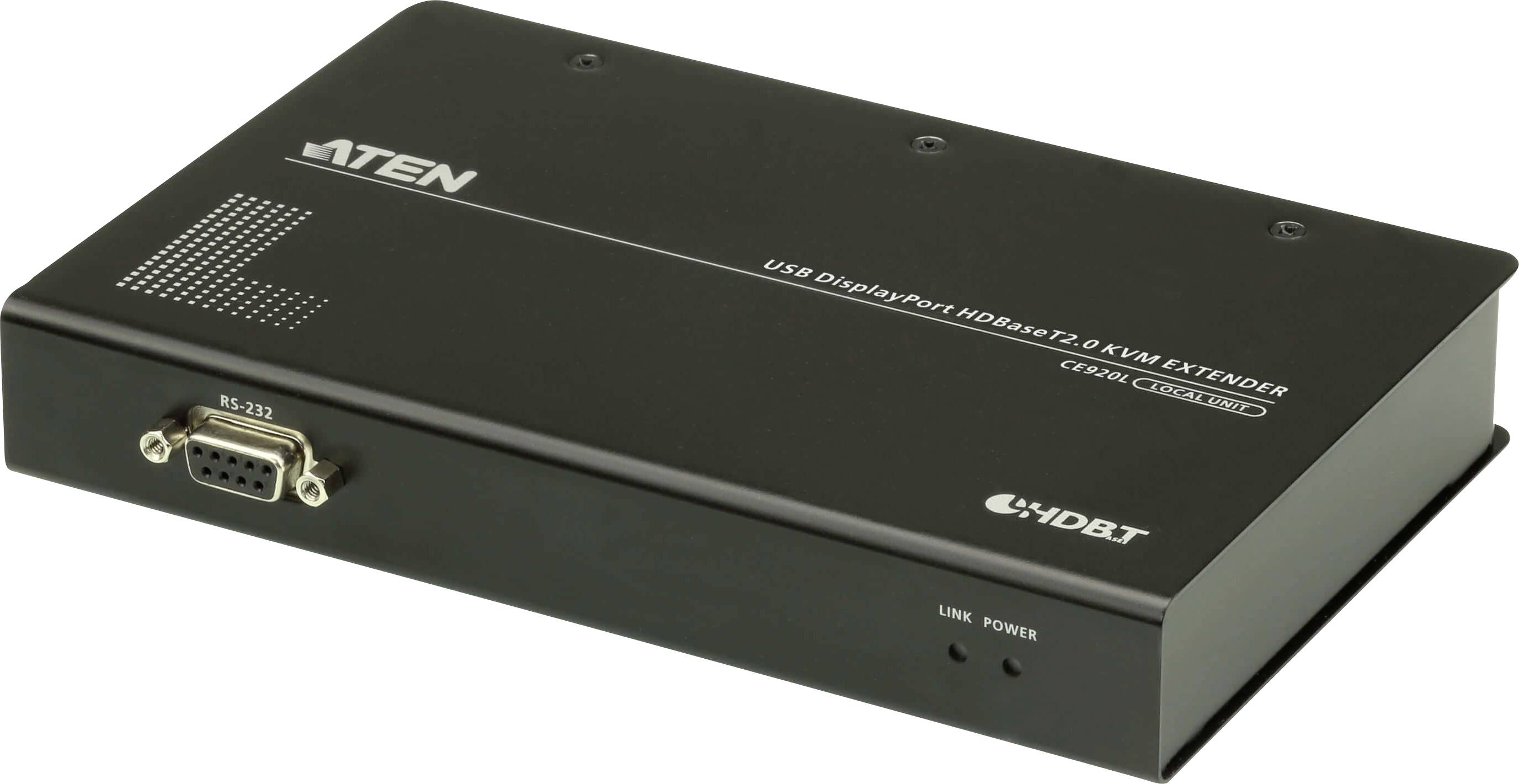Ein schwarzer ATEN USB DisplayPort HDBaseT 2.0 AV-Extender mit mehreren Anschlüssen für Konnektivität.
