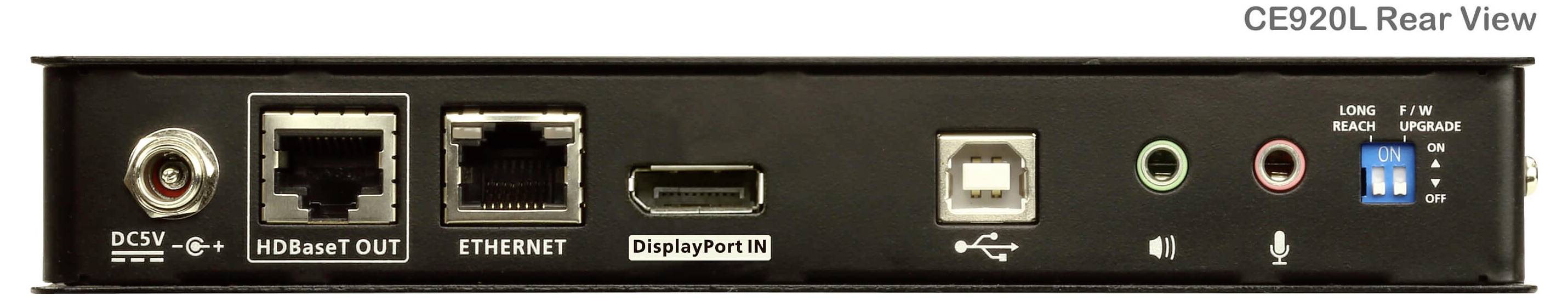 'CE920L Rückansicht' mit mehreren Anschlüssen: DC 5V, HDBaseT OUT, Ethernet, DisplayPort IN, USB, Audiobuchsen, Schalter für INFRA/RS-232.