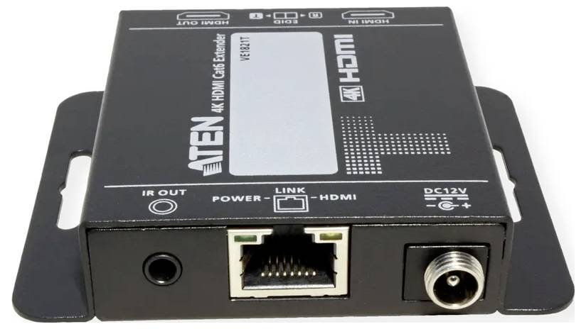 Ein kompakter schwarzer HDMI-Videoencoder mit mehreren Anschlüssen, einschließlich HDMI-Eingang, Ethernet und Stromversorgung. Er verfügt über Signalanzeigelampen auf der Oberseite.