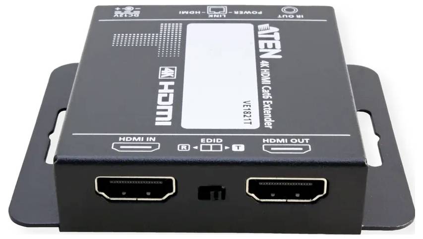ATEN 4K HDMI Cat5 Extender VE1821T' Gerät mit HDMI-Eingabe- und -Ausgabeports sowie Netzschalter auf der Oberseite.