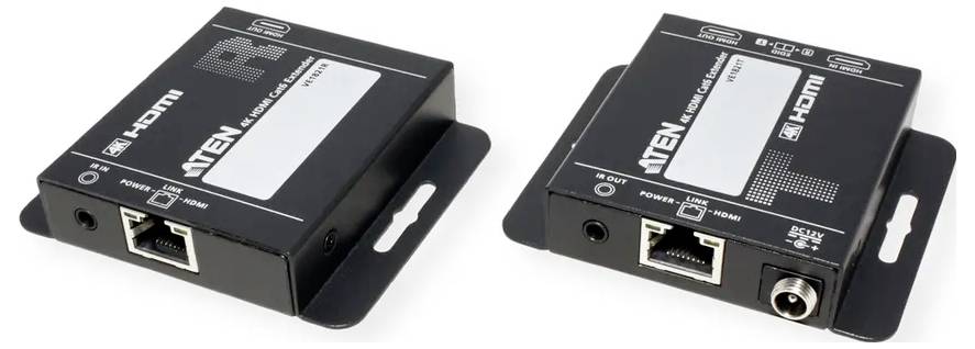 "ATEN HDMI Extender", zwei schwarze Geräte mit Anschlüssen für HDMI und Ethernet, bezeichnet als "Lokal" und "Entfernt".