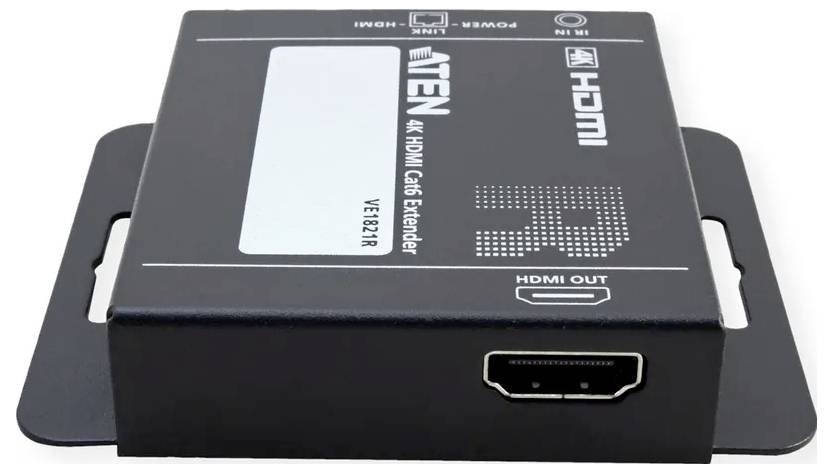 Ein schwarzer ATEN 4K HDMI Cat5 Extender, Modell VE812R, mit HDMI-Ausgangsanschluss, verwendet zur Verlängerung des HDMI-Signals über Cat5-Kabel.