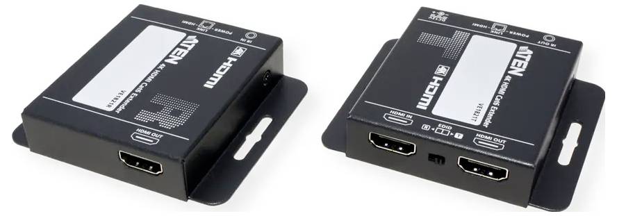ATEN HDMI über Cat 5e/6 Extender-Geräte werden dargestellt, die HDMI-Anschlüsse aufweisen. Entwickelt zur Übertragung von HDMI-Signalen über lange Distanzen mithilfe von Ethernet-Kabeln.
