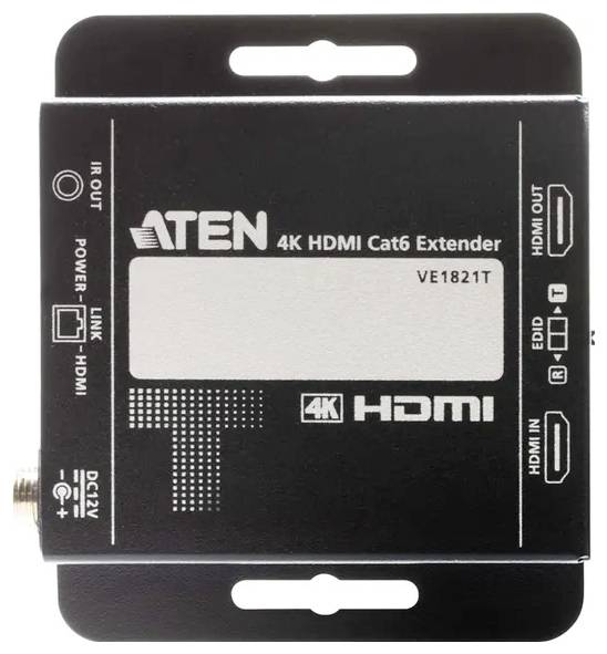 Ein schwarzer Aten 4K HDMI Cat6 Extender mit der Bezeichnung 'VE1821T' mit Anschlüssen und Beschriftungen für IR Out, Power, Link, HDMI In, EID und HDMI Out.