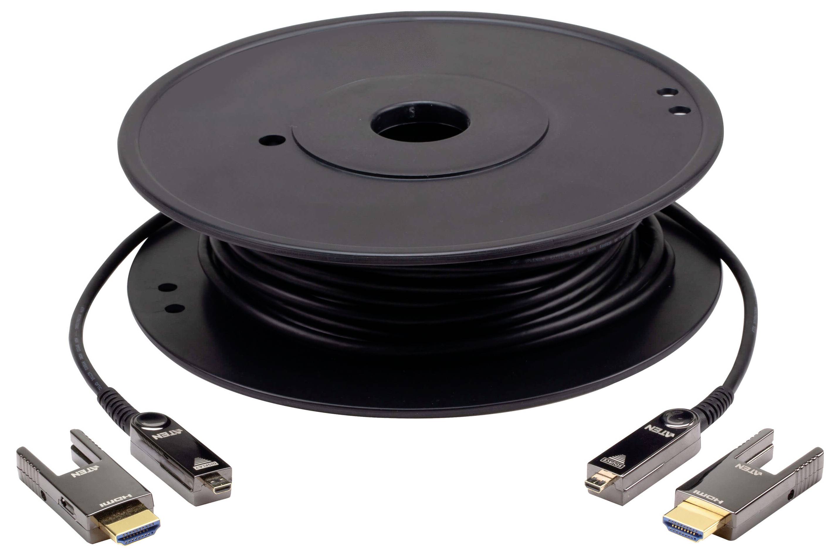 Eine schwarze Kabelrolle mit HDMI-Anschlüssen an beiden Enden wird gezeigt. Die Anschlüsse sind mit "HDMI" gekennzeichnet und für die Übertragung von Video und Audio konzipiert.