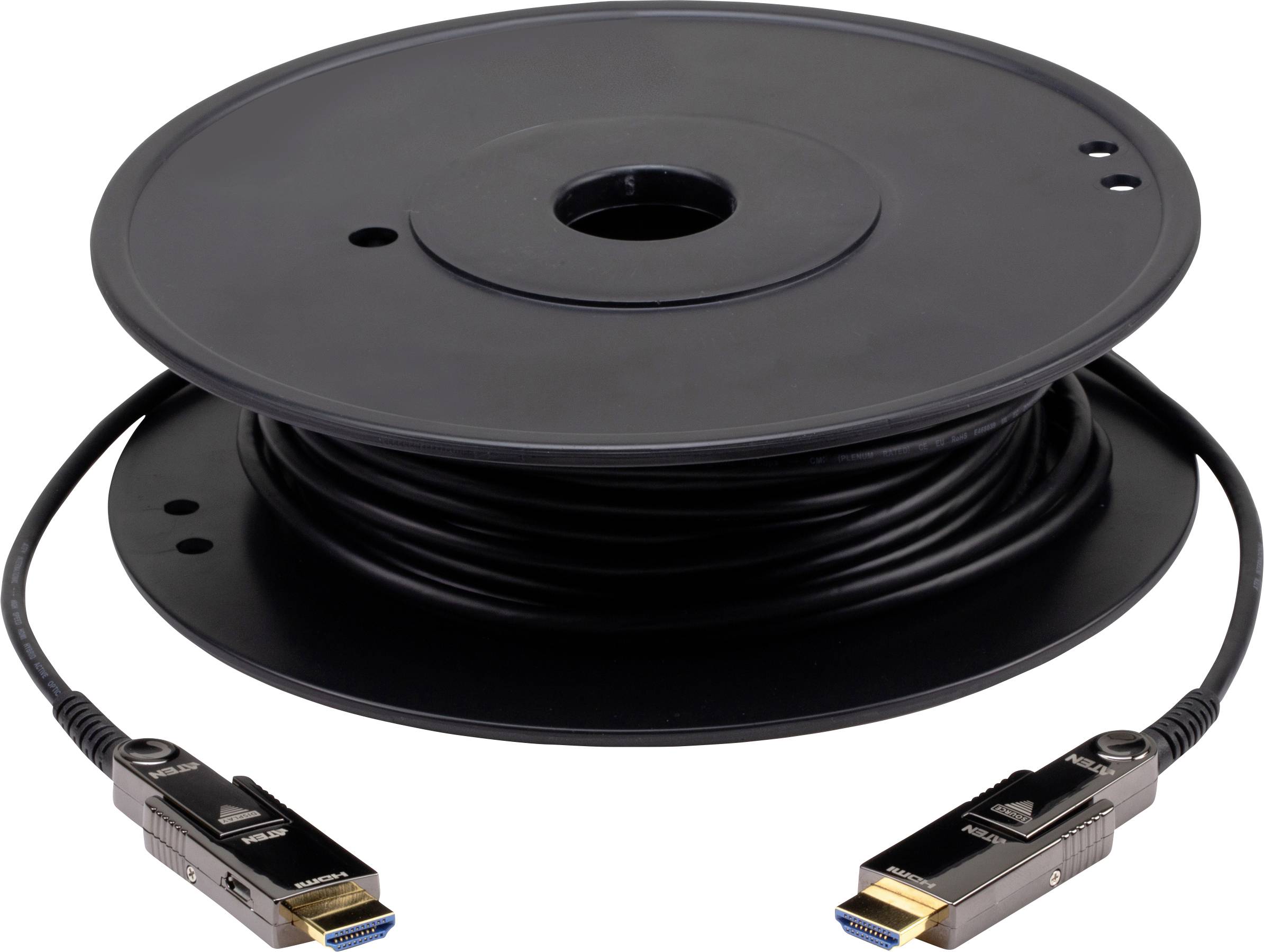 Eine schwarze Spule mit gewickeltem Kabel, die zwei HDMI-Anschlüsse an den Enden zeigt, die typischerweise für Multimedia-Verbindungen und hochgeschwindigem Datentransfer verwendet wird.