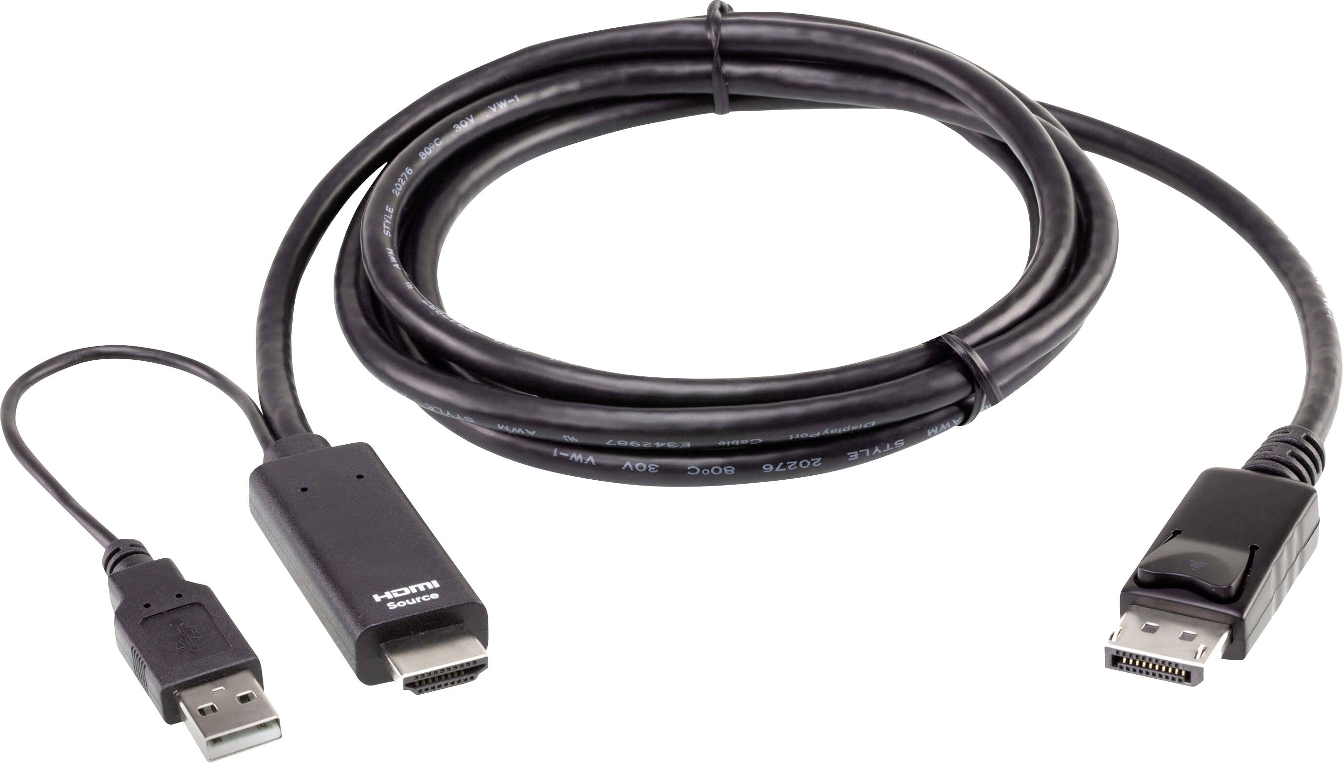 Ein USB-zu-HDMI-Kabel und ein HDMI-zu-DisplayPort-Kabel sind aufgewickelt und zeigen die Anschlüsse zum Signalumwandeln zwischen Geräten.