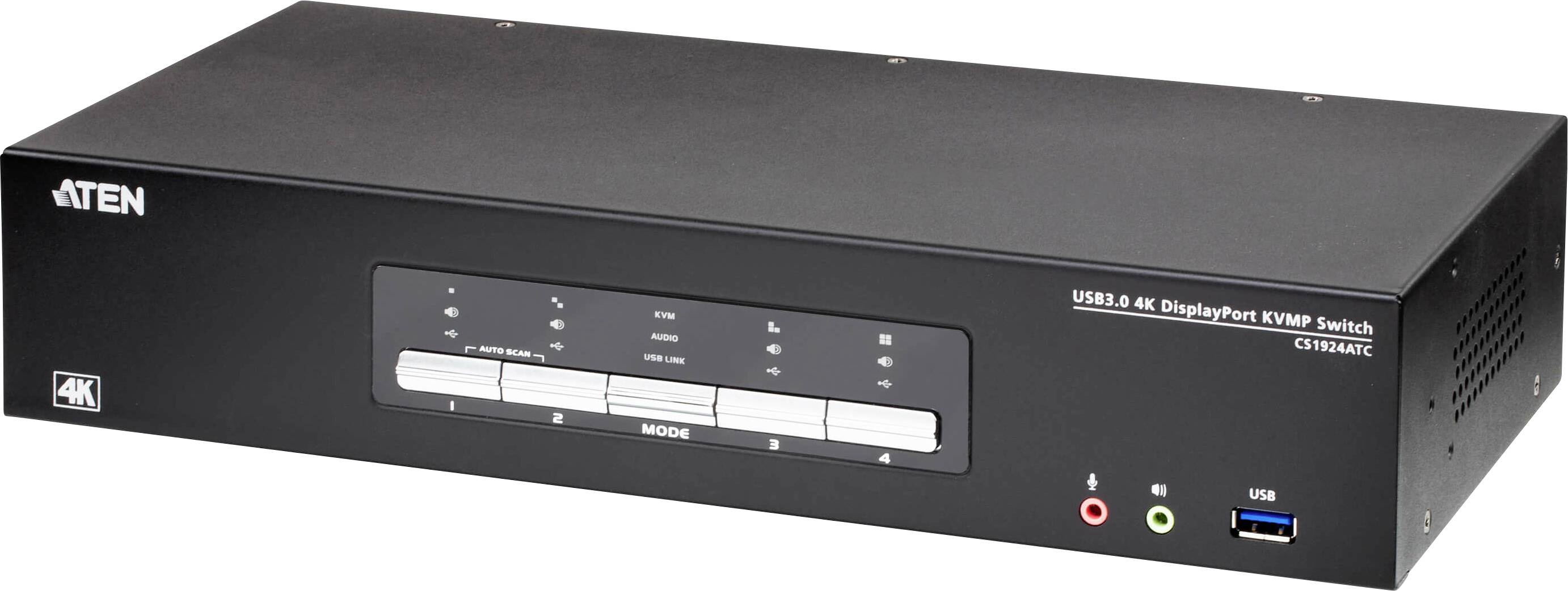 Ein schwarzer ATEN USB 3.0 4K DisplayPort KVM-Switch mit mehreren Eingangs-/Ausgabeanschlüssen und beschrifteten Tasten zur Verwaltung mehrerer Computer.