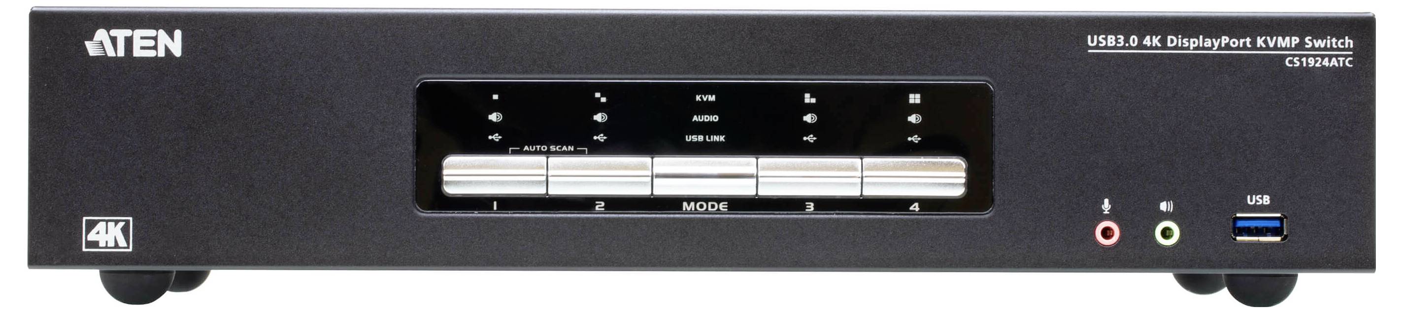 ATEN USB 4K DisplayPort KVM-Switch mit Steuerungstasten und Anzeigelampen, entwickelt für die Verwaltung mehrerer Computer mit einer einzigen Tastatur-, Monitor- und Maus-Konfiguration.