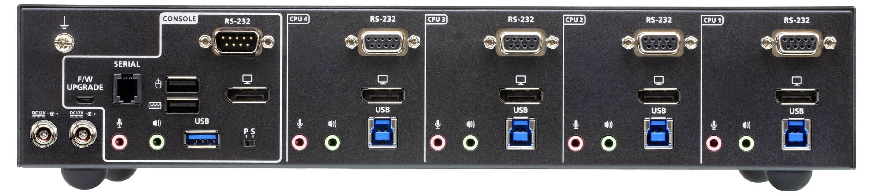 Rückseite eines Mehrport-Switches mit beschrifteten Anschlüssen für Konsole, RS-232, seriell, HDMI, USB und Audio zur Konnektivität und Schnittstellenoptionen.