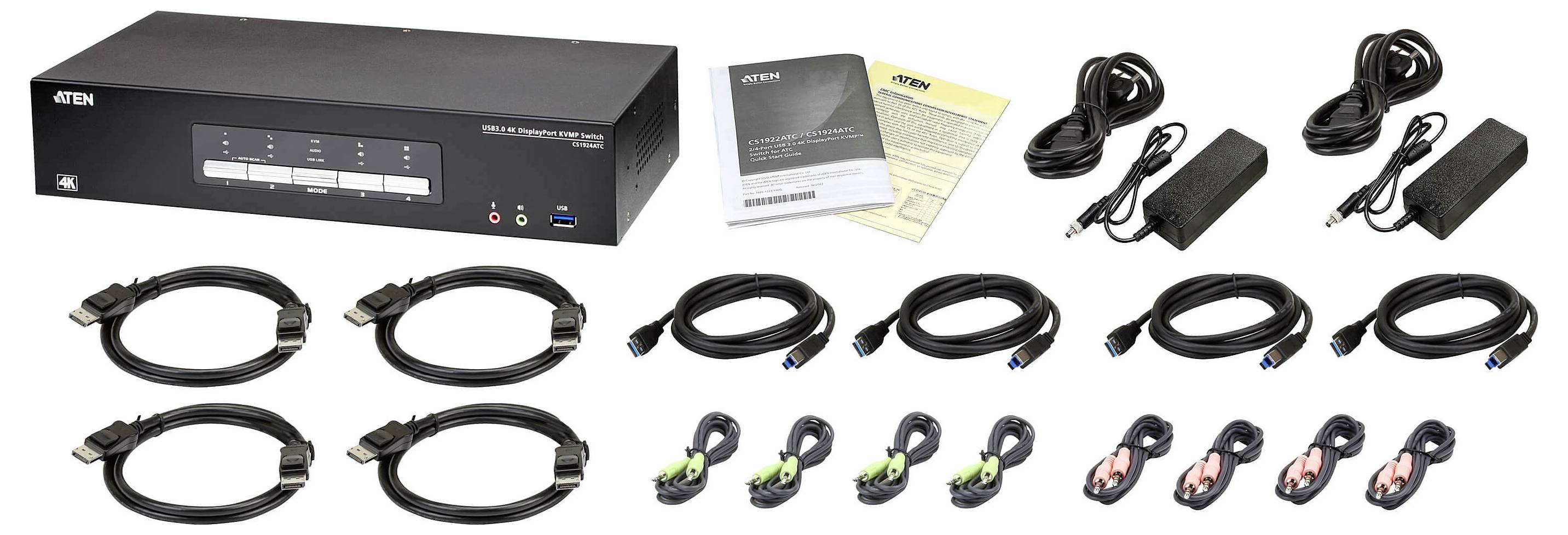 Ein KVM-Switch-Set bestehend aus einem KVM-Switch, vier HDMI-Kabeln, vier USB-Kabeln, vier Audiokabeln, zwei Netzadaptern und einem Handbuch.