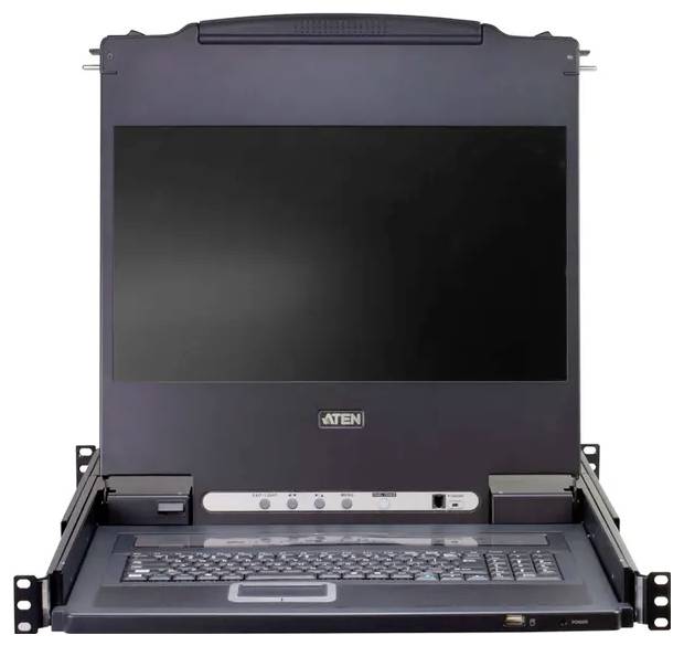 Eine Rack-mountable Konsole mit einem großen Display und Tastatur, entwickelt für die Verwaltung von Servern in einem Rechenzentrum oder einer IT-Umgebung.