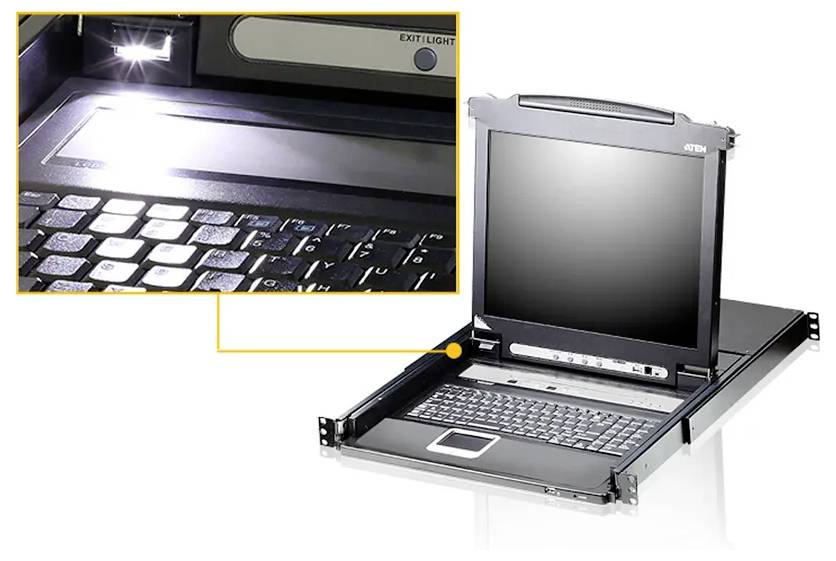 Rack-montierbare KVM-Konsole mit ausziehbarem Tablett, die eine Nahaufnahme der beleuchteten Tastatur und des integrierten Monitors zeigt, geeignet für Servermanagement.