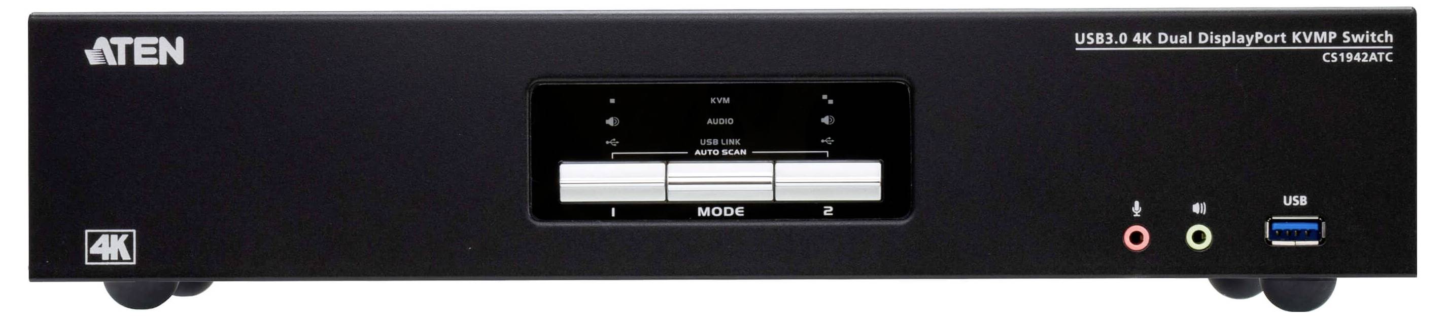 Frontansicht eines schwarzen ATEN USB 3.0 4K Dual DisplayPort KVM-Switches, Modell CS1924KC, mit Bedienungstasten und Anschlüssen für Audio und USB.