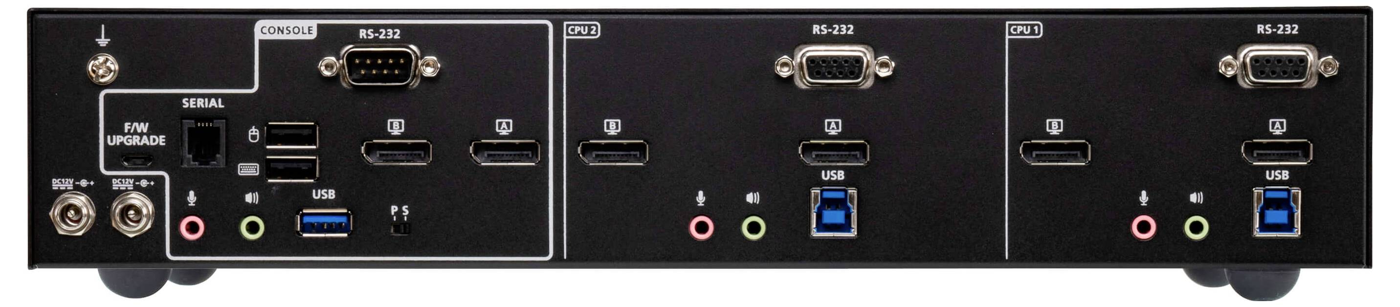 Rückansicht eines elektronischen Geräts mit verschiedenen Anschlusstypen, darunter HDMI, USB, RS-232, Ethernet und Audioverbindungen.