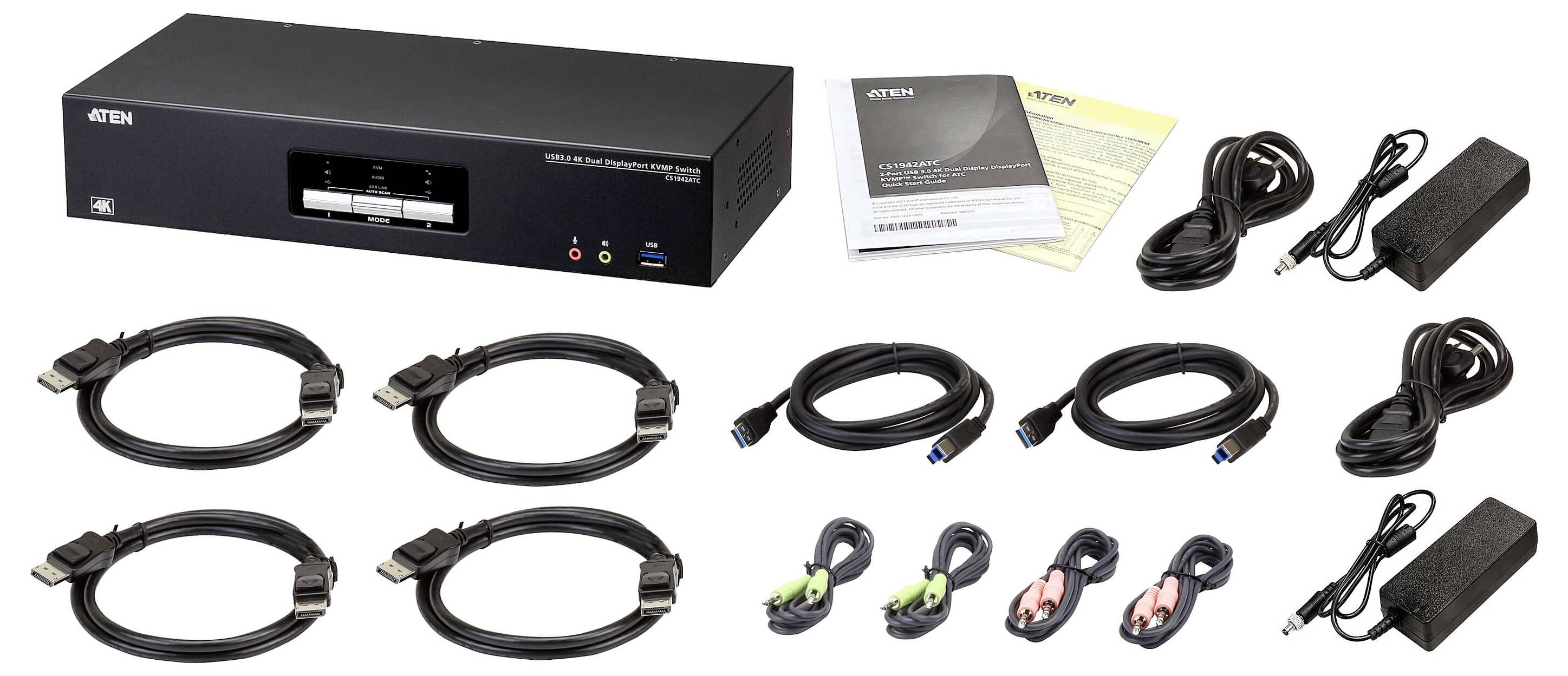 Ein KVM-Switch-Set bestehend aus einem schwarzen KVM-Gerät, verschiedenen Kabeln, Netzadaptern und Handbüchern, entwickelt zum Anschluss mehrerer Computer.