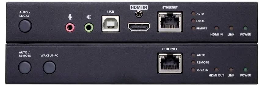 Zwei gestapelte schwarze elektronische Geräte mit Anschlüssen wie USB, HDMI und Ethernet. Tasten und Anzeigelampen sind mit ihren Funktionen beschriftet.