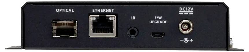 Rückseite eines Geräts mit Anschlüssen: 'Optisch', 'Ethernet', 'IR', 'F/W Upgrade' und 'DC12V' Stromversorgung.