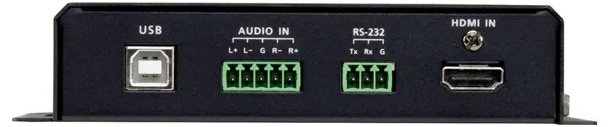 Ein Gerätefeld mit USB-, Audioeingang (L+, L-, G, R-, R+), RS-232 (Tx, Rx, G) und HDMI-Eingangsbuchsen, entsprechend beschriftet.