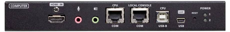 Rückseite eines elektronischen Geräts mit beschrifteten Anschlüssen: HDMI, Mikrofon, Kopfhörer, zwei COM, USB-B, USB, Einschaltknopf.