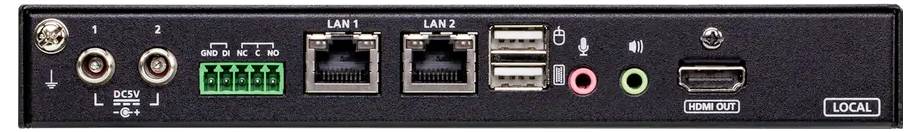 Rückseite eines elektronischen Geräts mit Stromanschluss, zwei LAN-Anschlüssen, vier USB-Anschlüssen, Audioausgängen, HDMI-Ausgang und lokalem Kontrollport.