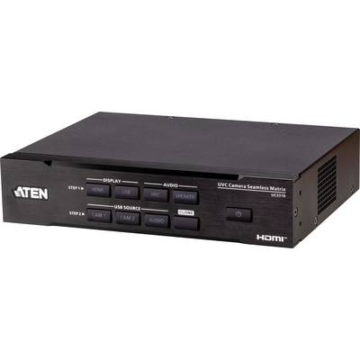 'ATEN UVC Kamera Nahtlose Matrix UC1110' Gerät mit Tasten für Display- und Audioauswahl, HDMI- und USB-Eingangsoptionen, in schwarzem Gehäuse.