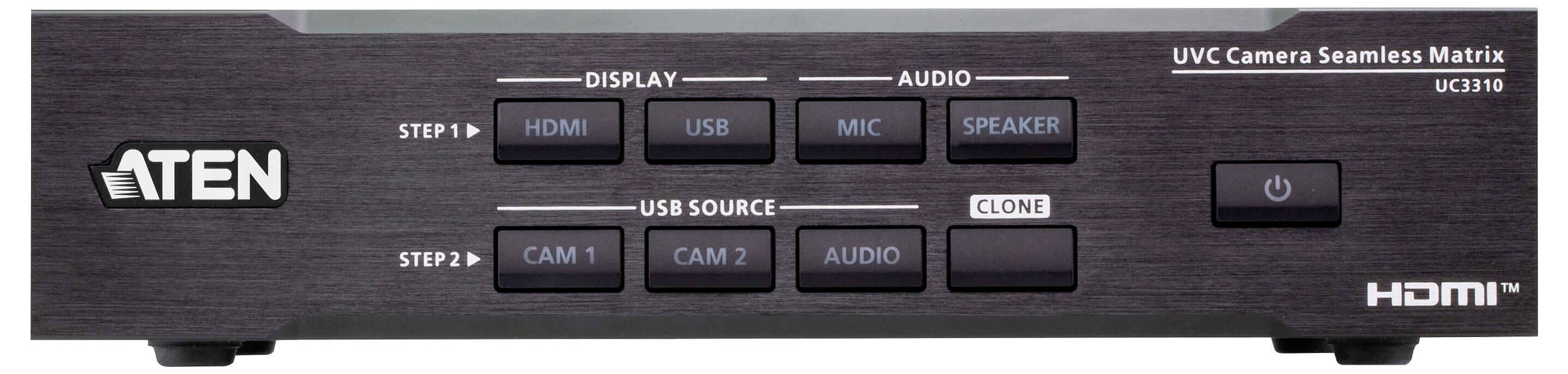 Eine Frontansicht eines ATEN UC3110 Videoswitchers mit Tasten für "HDMI", "USB", "MIC", "SPEAKER", "CAM 1", "CAM 2", "AUDIO" und "CLONE".