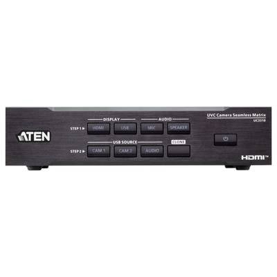 Eine Frontansicht eines ATEN UC3110 Videoswitchers mit Tasten für "HDMI", "USB", "MIC", "SPEAKER", "CAM 1", "CAM 2", "AUDIO" und "CLONE".