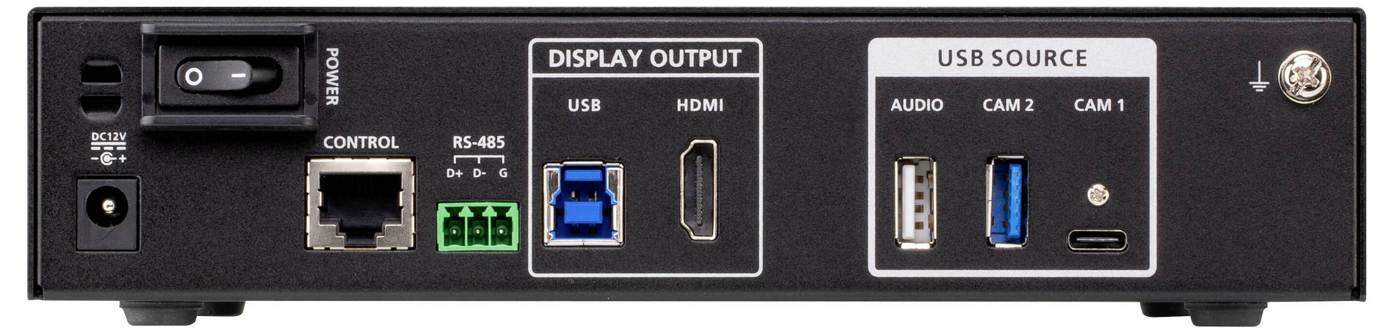 Rückseite eines elektronischen Geräts mit Netzschalter, Ethernet-Anschluss, RS-485-Steuerung, USB, HDMI-Displayausgängen und verschiedenen USB-Eingängen.