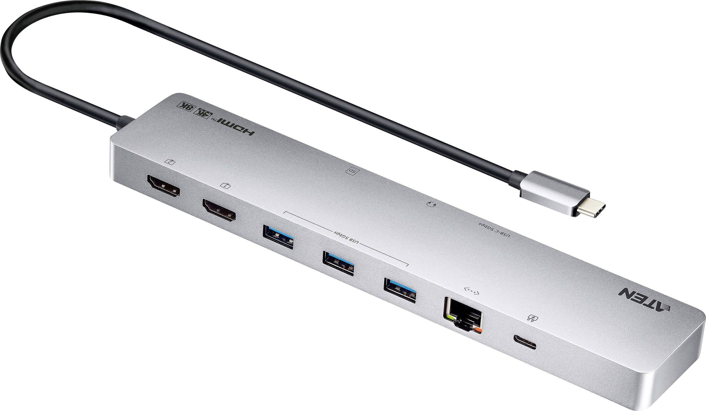 Eine silberne ATEN USB-C Docking-Station verfügt über mehrere Anschlüsse: HDMI, USB 3.0, Ethernet, SD-Kartenslot und Audioeingang, mit einem USB-C-Kabel.