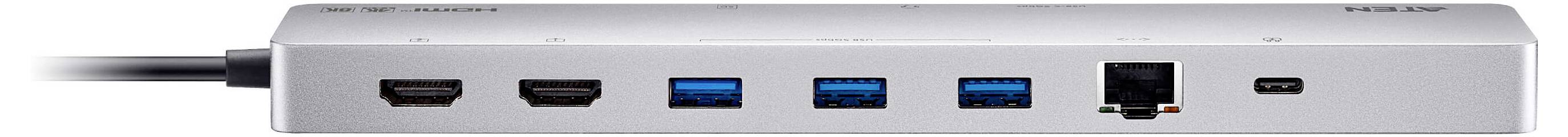 Eine silberne Computerdockingstation mit Anschlüssen, einschließlich HDMI, USB und Ethernet, die mehrere Konnektivitätsoptionen bietet.