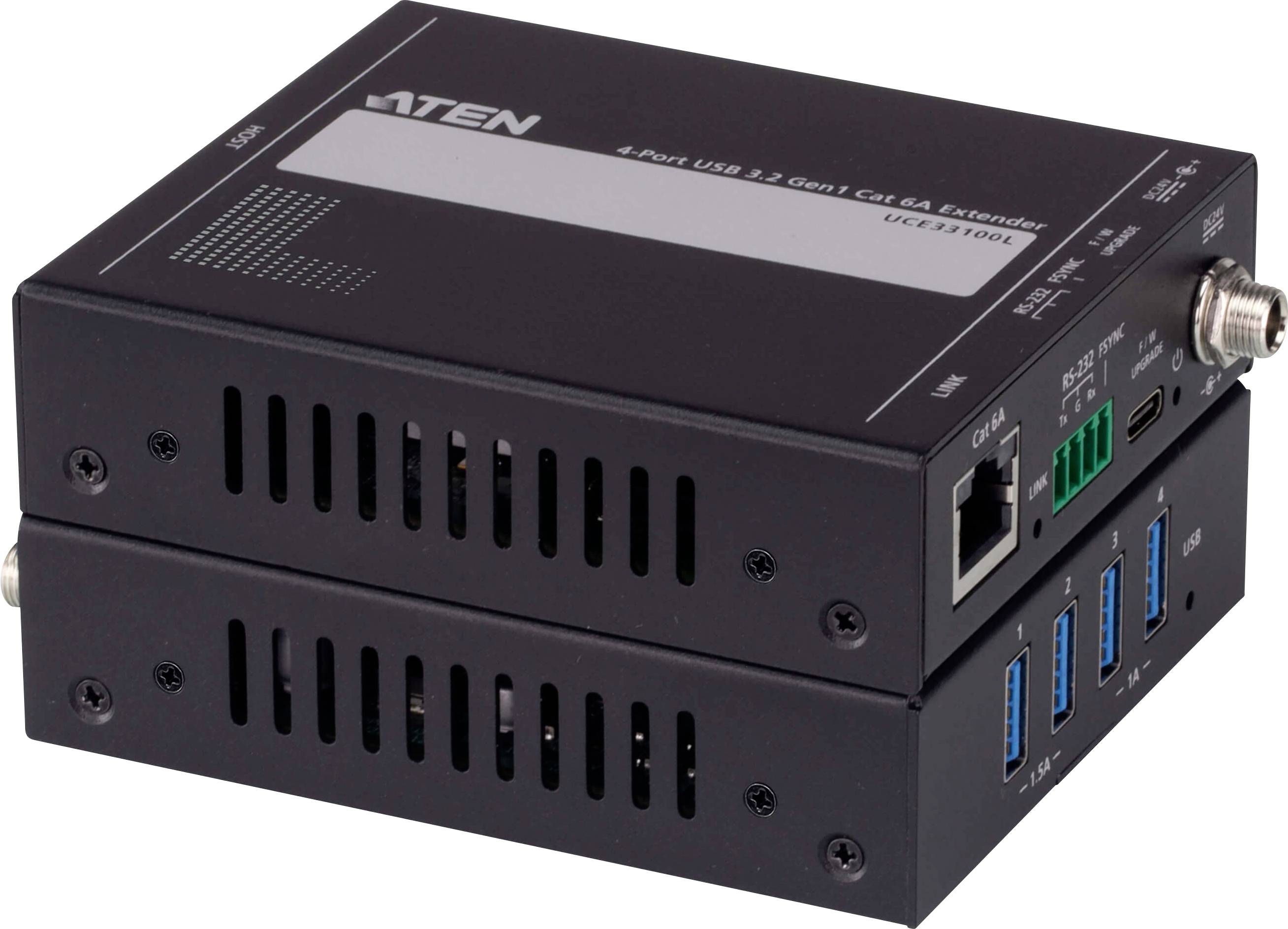 Ein schwarzer 4-Port USB 3.2 Extender mit verschiedenen Anschlussports, einschließlich Ethernet und USB, entwickelt zur Erweiterung von USB-Signalen über Distanzen.