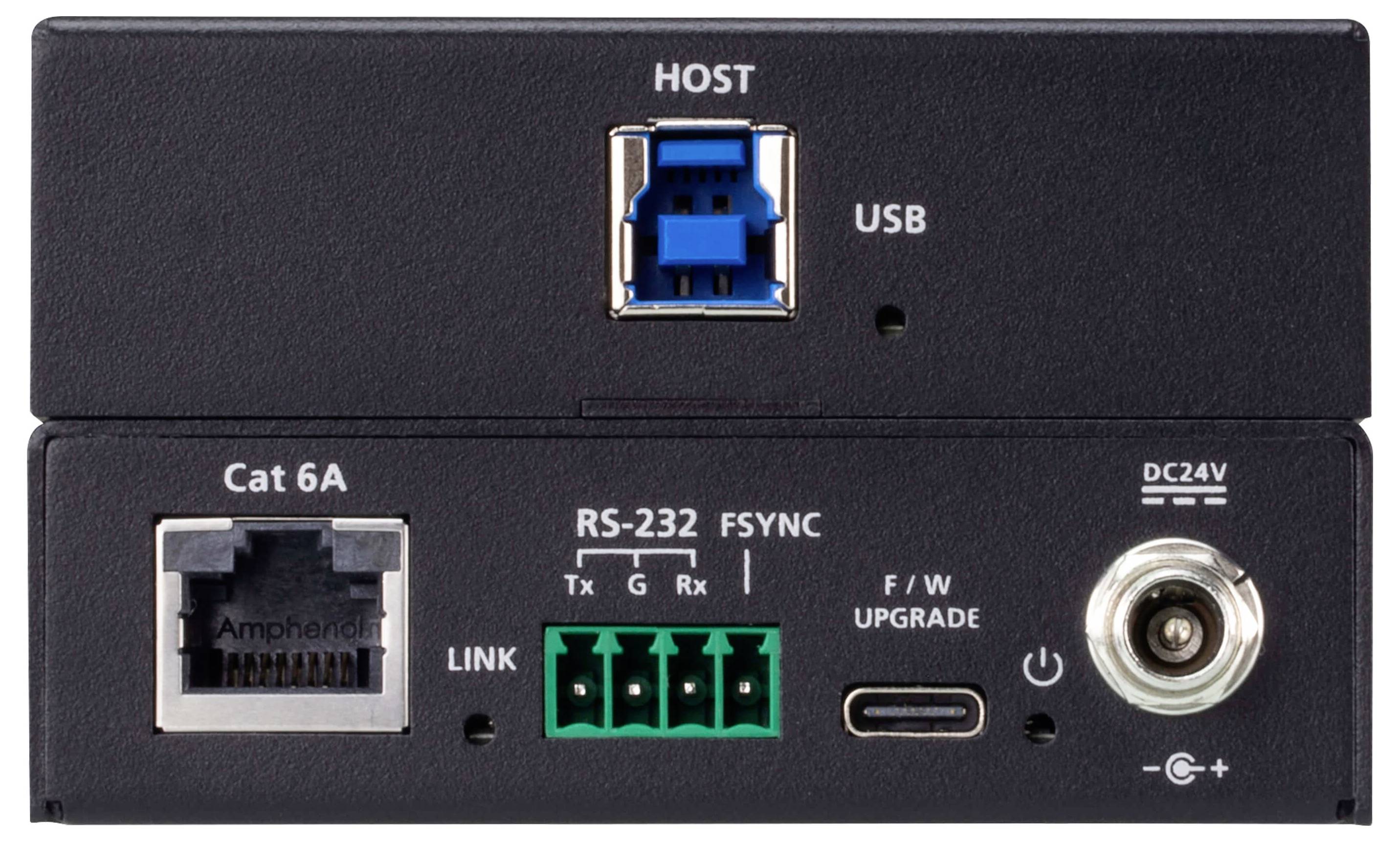 Schwarzes elektronisches Gerät mit USB- und Ethernet-Anschlüssen, RS-232-Anschlüssen, DC24V-Stromeingang, beschriftet für Netzwerk- und Konnektivitätsfunktionen.