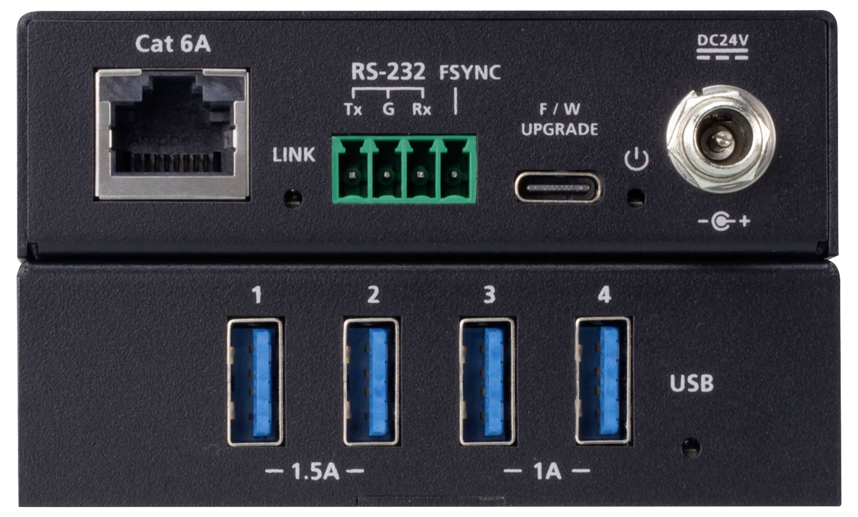 'Kommunikationsschnittstellengerät mit 6A-Steckverbinder, RS-232-Anschluss, USB-C-Upgradeport, 24V-Gleichspannungseingang und vier USB-3.0-Anschlüssen.'