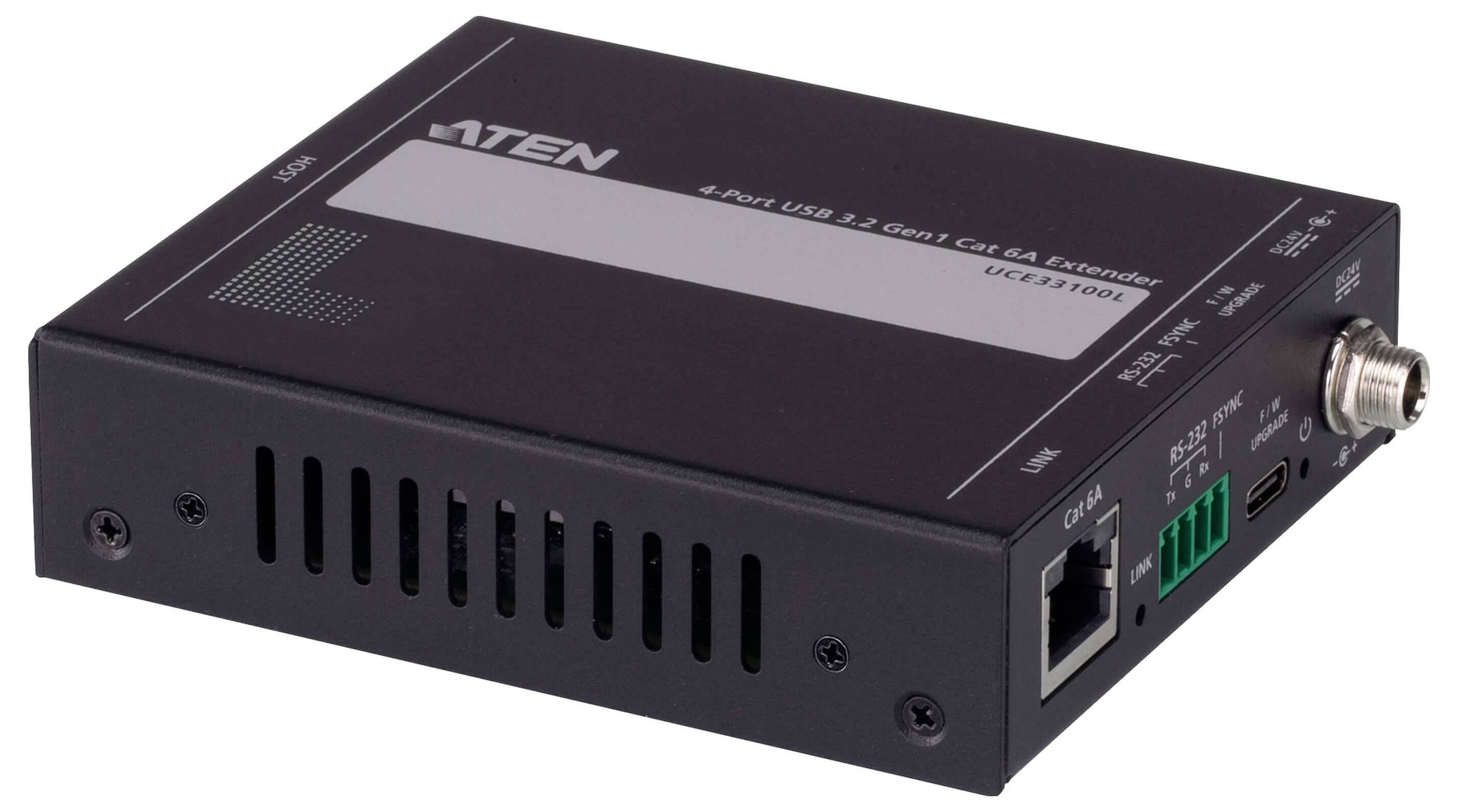 Ein schwarzer Aten 4-Port USB 2.0 Gen 1 Cat 5e/6/6A Extender, Modell UCE32100, mit Anschlüssen für Konnektivität und Belüftungsschlitzen.