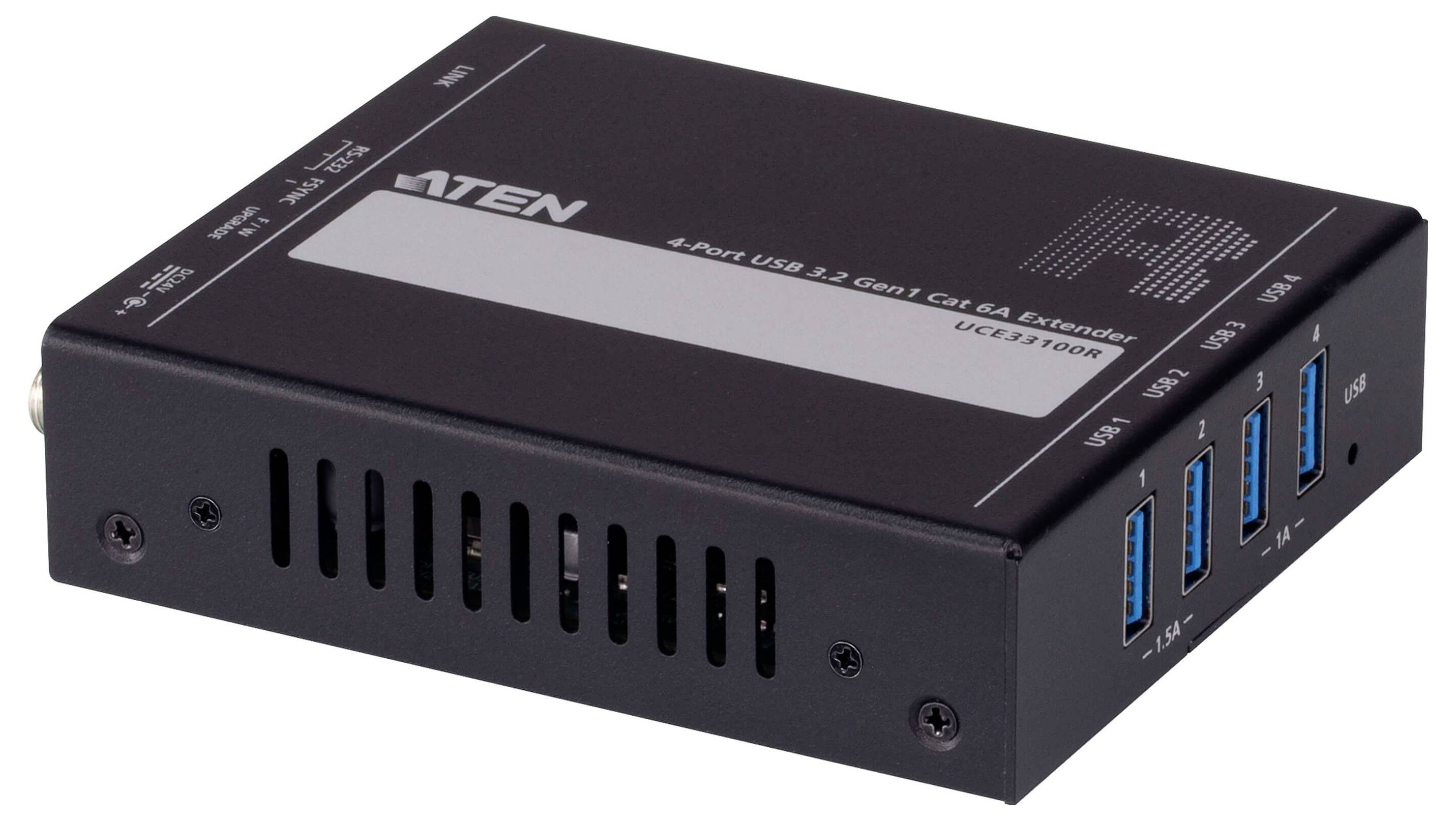 Ein schwarzer 4-Port-USB-3.2-Gen-1-Cat-6A-Extender mit Firmenlogo auf der Oberseite, der eine Reihe von USB-Anschlüssen an der Seite für Geräteverbindungen aufweist.