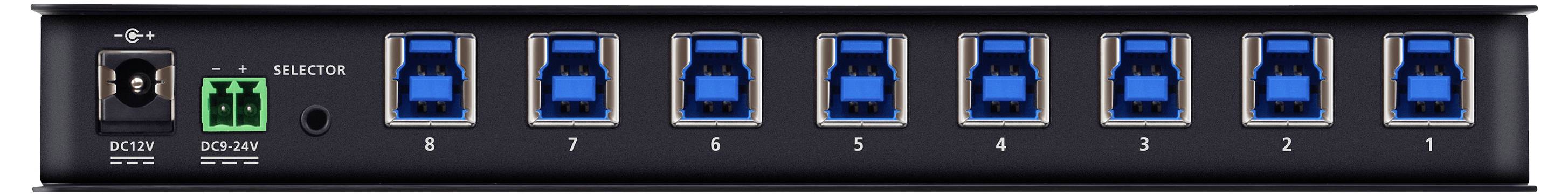 Rückansicht eines 8-Port-USB-Hubs mit einzelnen blauen USB-3.0-Anschlüssen, beschriftet von 1 bis 8, Stromeingang und Anschlussblock für Gleichspannung.