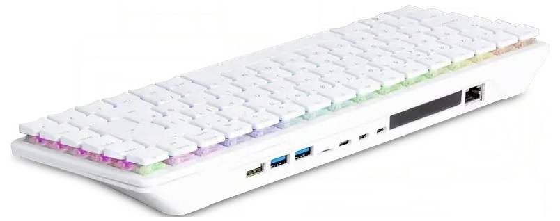 Eine schlanke, weiße mechanische Tastatur mit RGB-Hintergrundbeleuchtung. Sie verfügt über mehrere Anschlüsse, darunter USB und Ethernet an der Seite.