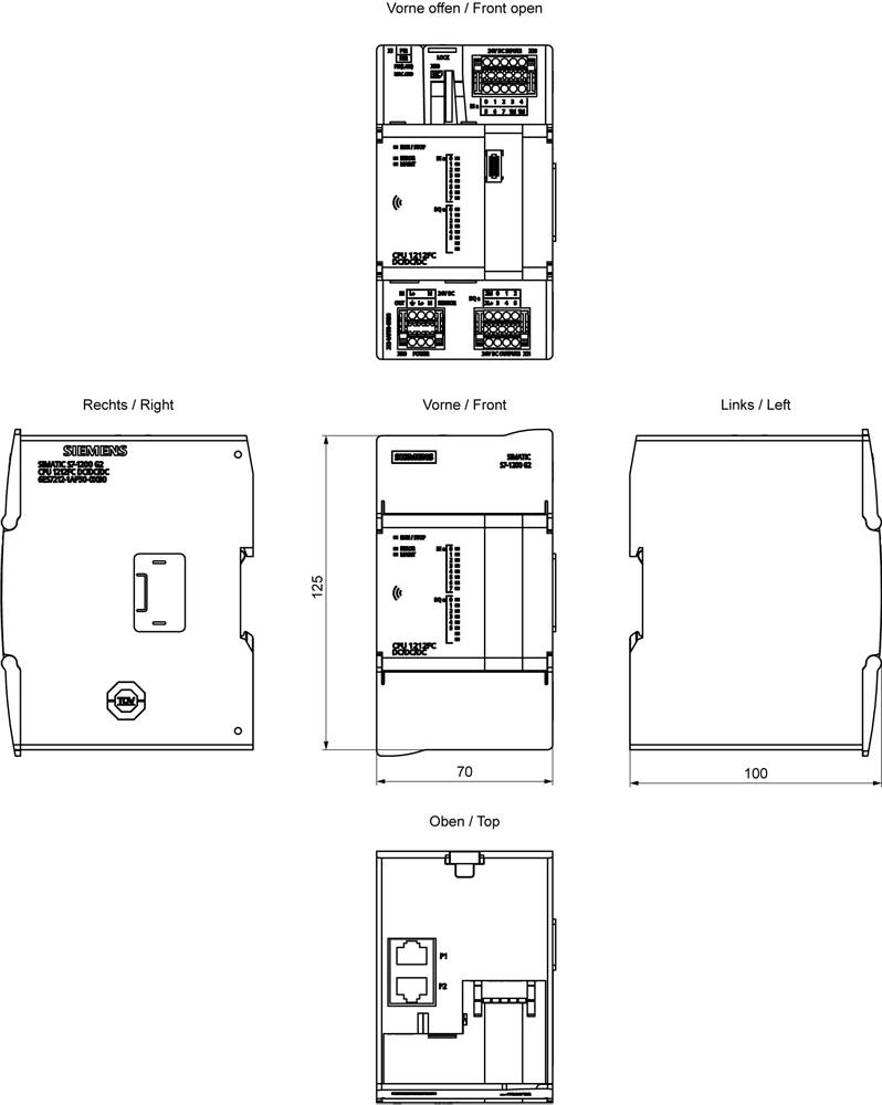 Diagramm eines elektronischen Gerätgehäuses mit mehreren Ansichten: Vorderseite, Rechts, Links, Oberseite und offene Vorderseite. Abmessungen in Millimetern beschriftet.